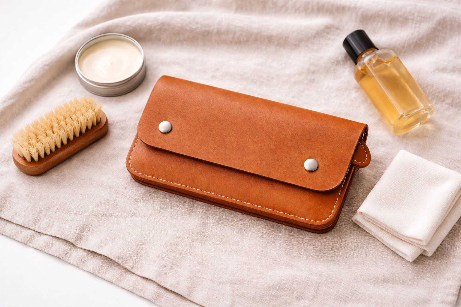 Billetera de cuero y productos para su mantenimiento