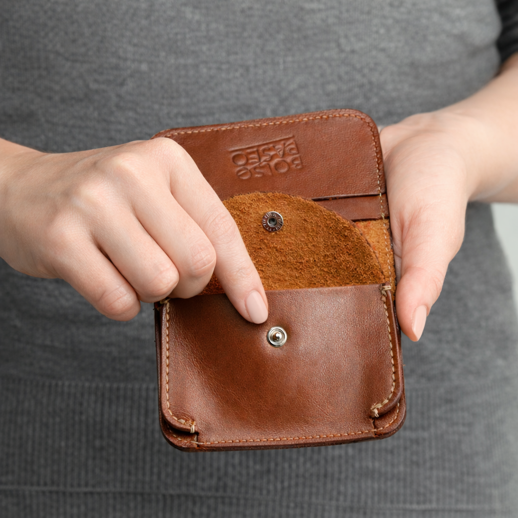 Billetera de cuero artesanal el manos de una mujer 