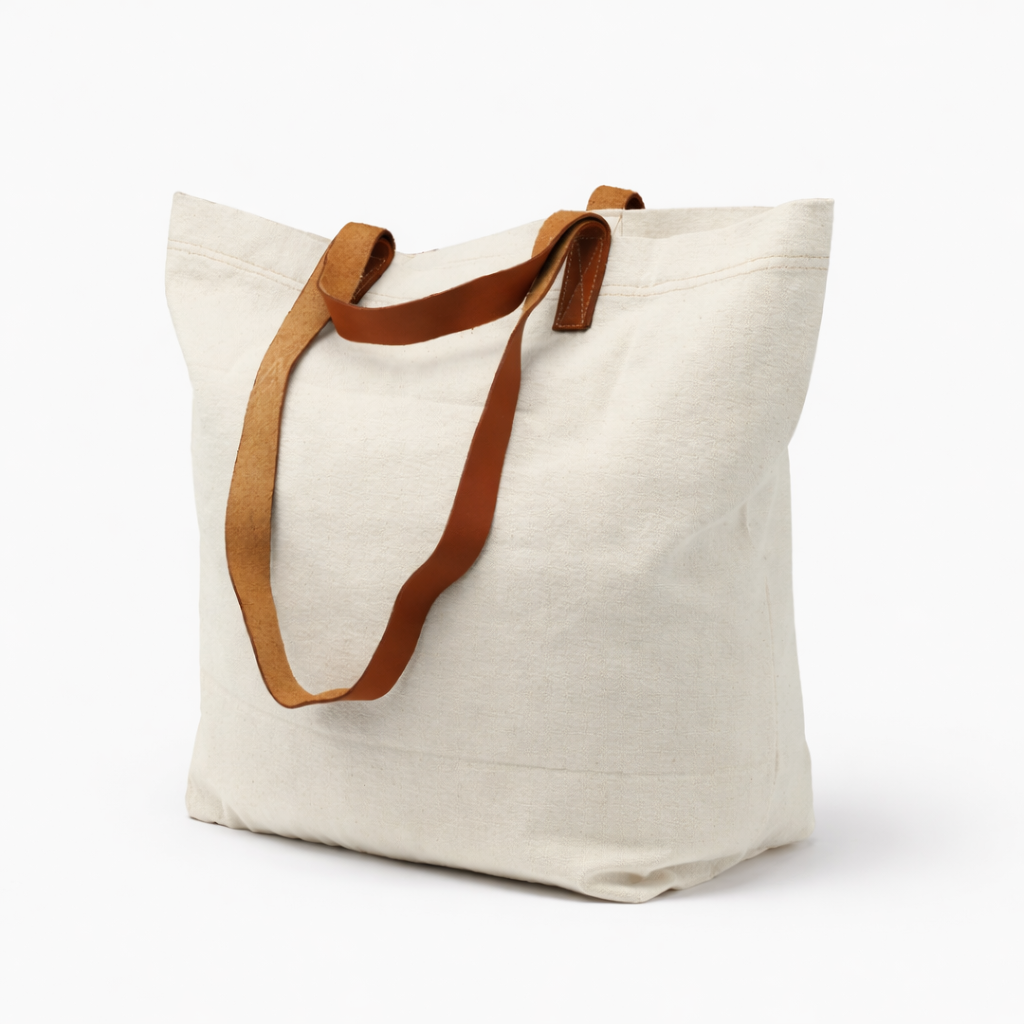 Bolsa de tela y cuero en color natural de lado