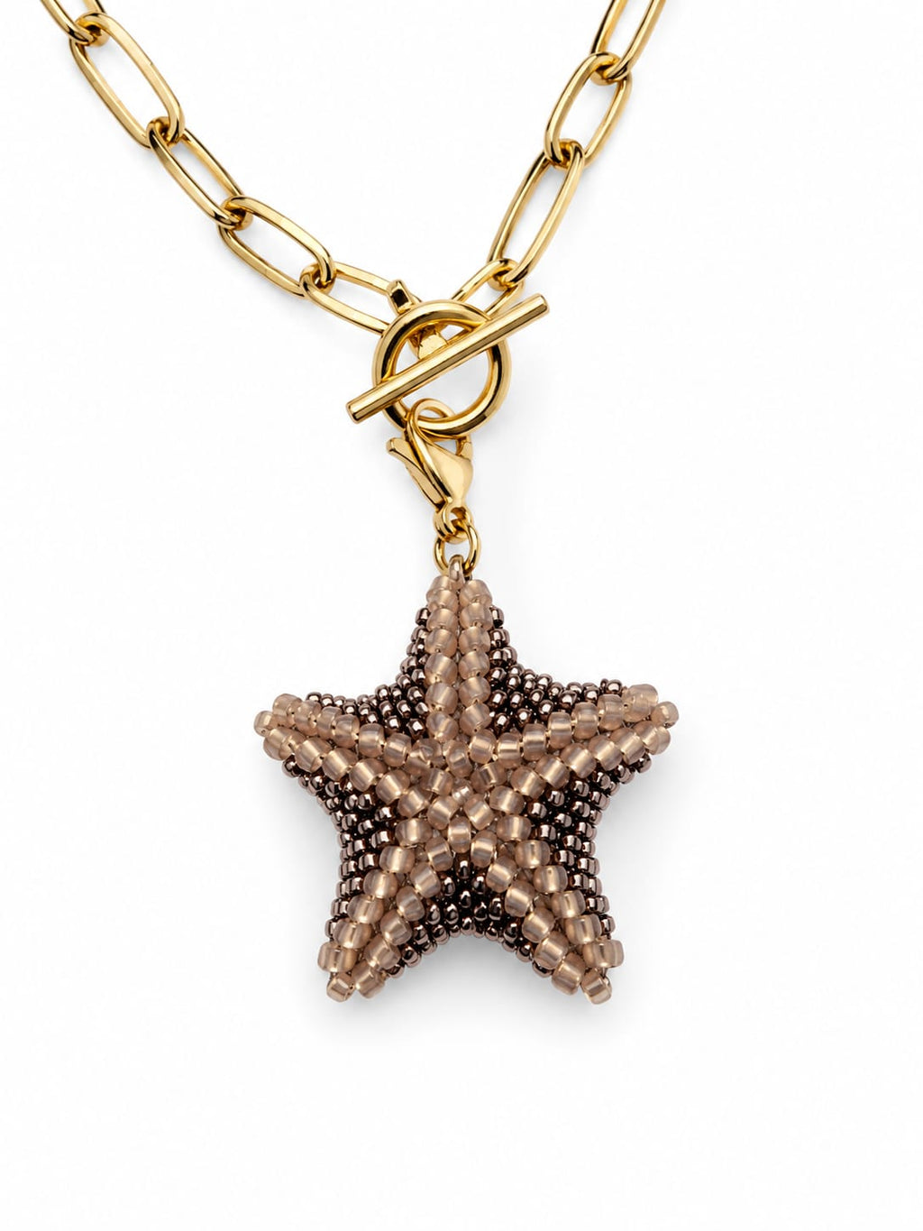 Detalle collar acero inoxidable con estrella miyuki oro rosa