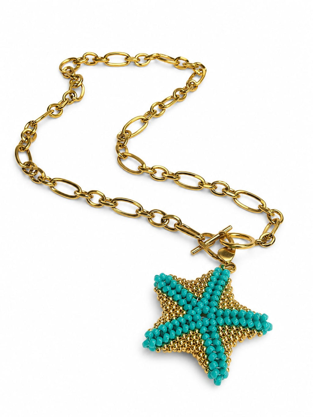 Detalle collar acero inoxidable con estrella miyuki turquesa