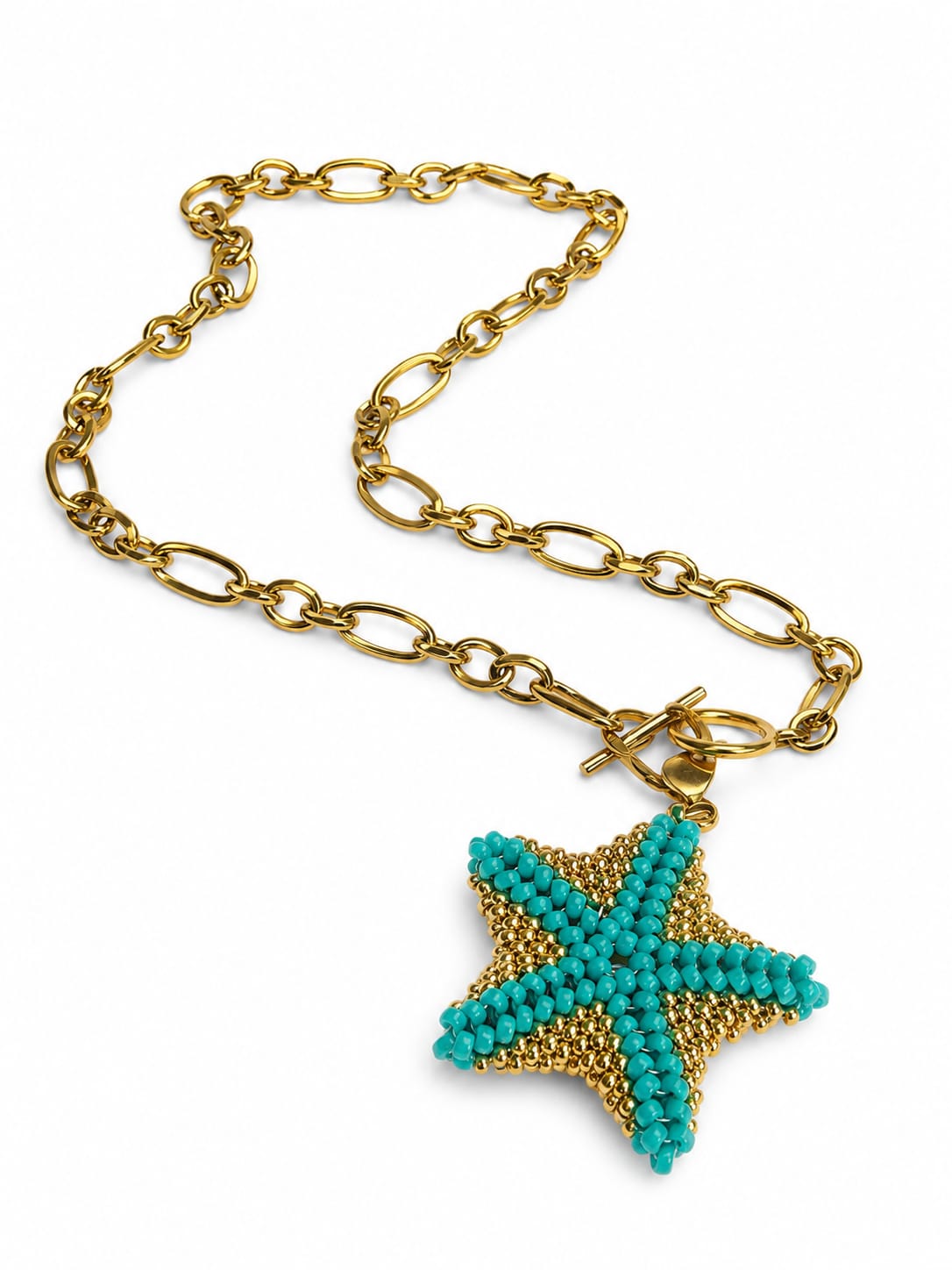 Detalle collar acero inoxidable con estrella miyuki turquesa
