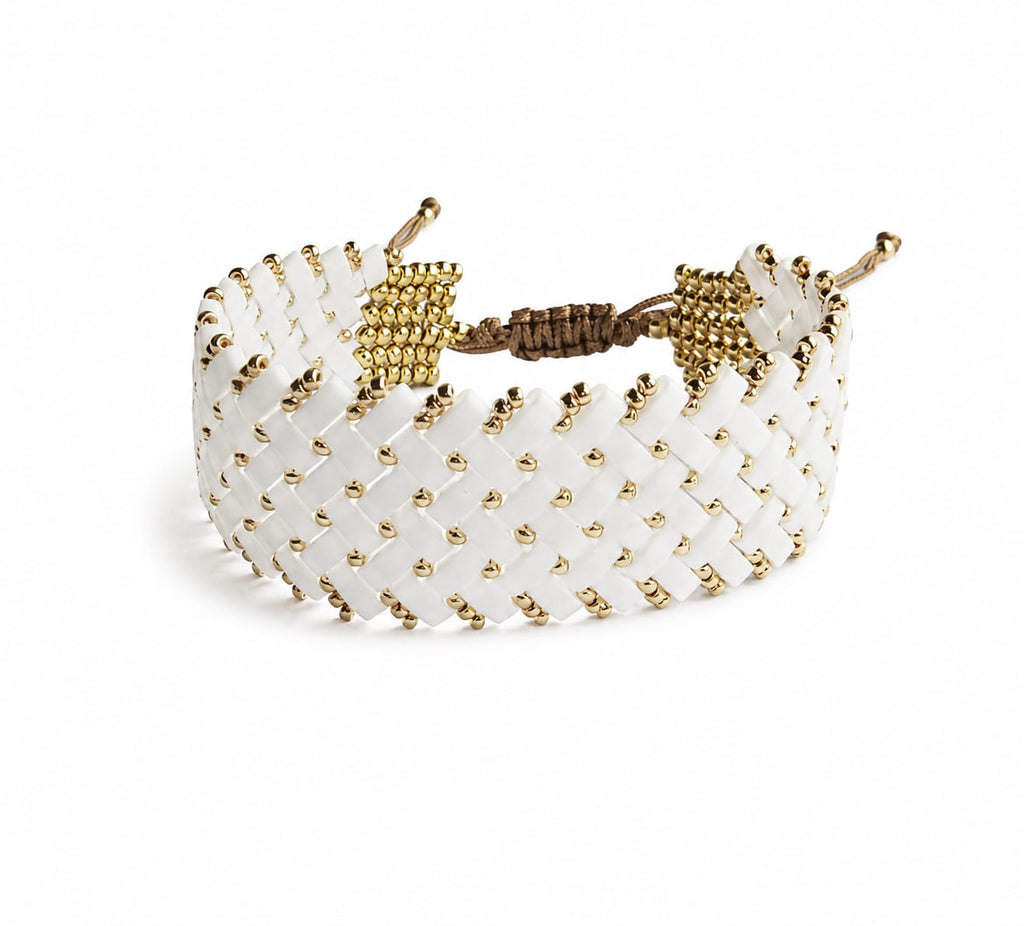 Pulsera de abalorios half tile de vidrio blanca